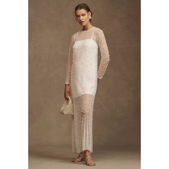 BHLDN Willow Sheer Pearl Maxi Shift Dress Ivory Gown Large NEW